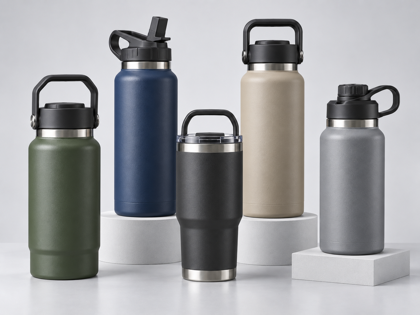 Custom stainless steel insulated tumblers in multiple colors