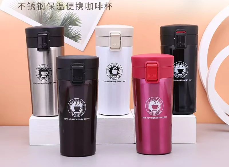 Stainless steel travel coffee mugs in multiple colors