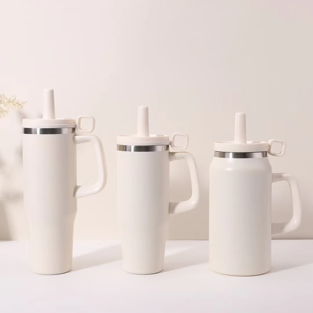 Minimal white stainless steel handled tumblers